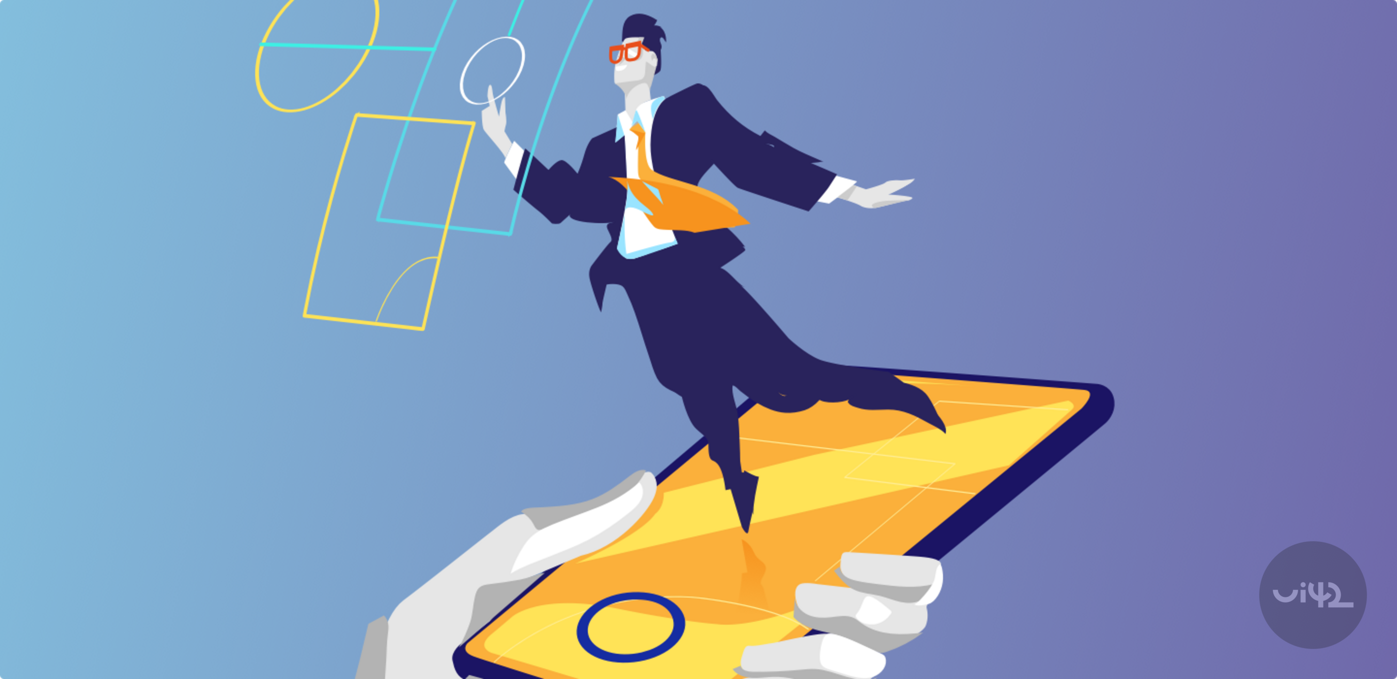 Illustration of a person in a suit with an orange tie, standing on a large mobile phone, symbolizing the use of artificial intelligence in an e-shop.