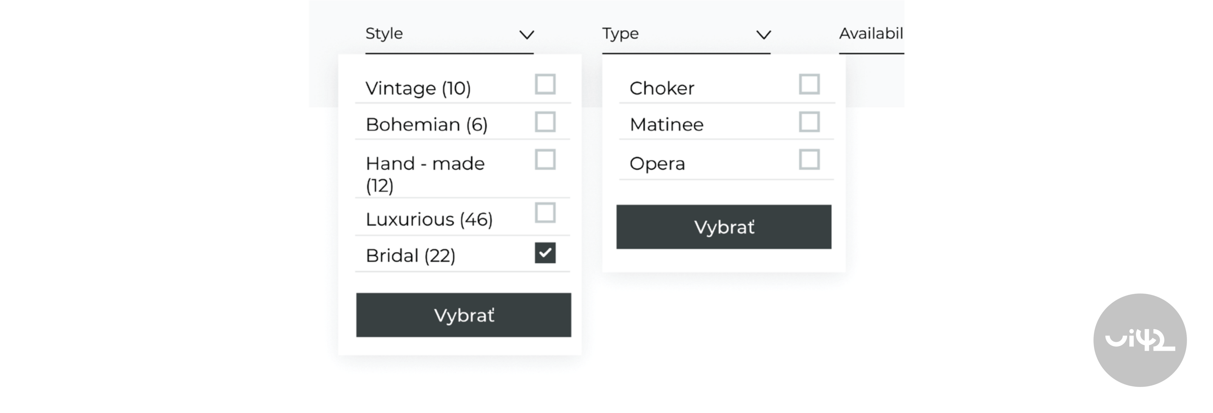 Faceted search with options for jewelry style and type