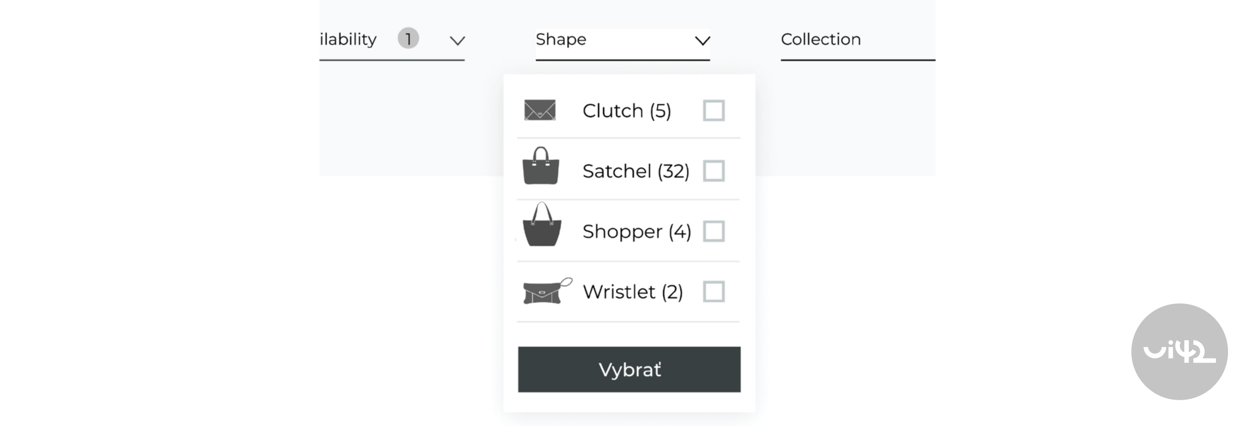 Example of faceted search with handbag shape options: Clutch, Satchel, Shopper, Wristlet, and a Select button.