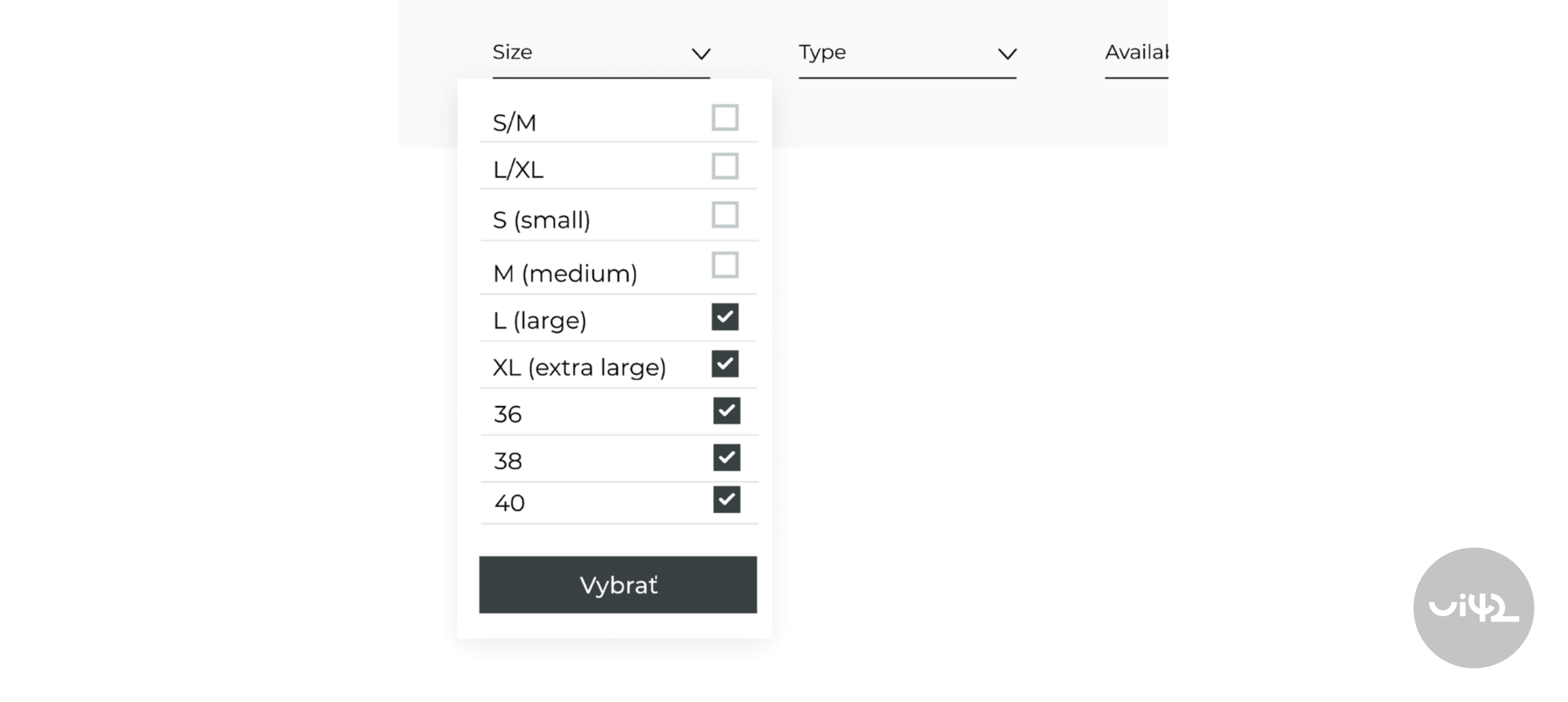 User interface for selecting clothing sizes with labeled options L, XL, 36, 38, and 40.