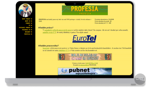 Retro website Profesia from 1998 on a laptop screen