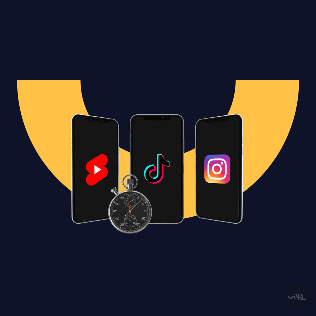 Three smartphones displaying the logos of YouTube Shorts, TikTok, and Instagram Reels, with clocks in the foreground, symbolizing short-form content on social media.