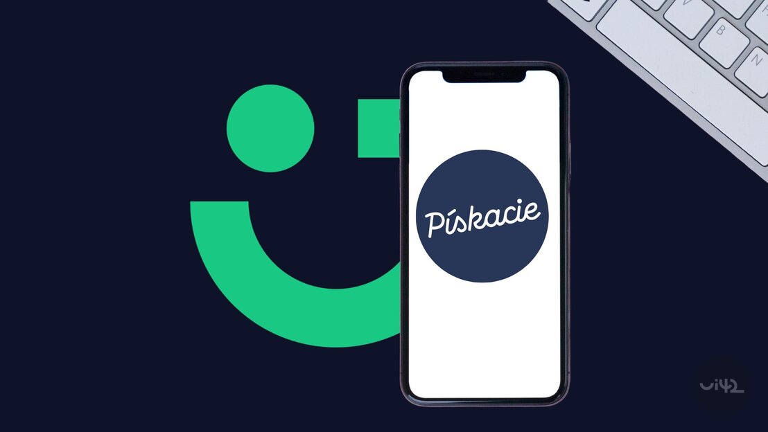 Mobile phone with the Pískacie app on the screen, next to the keyboard, on a dark blue background with a graphic element.