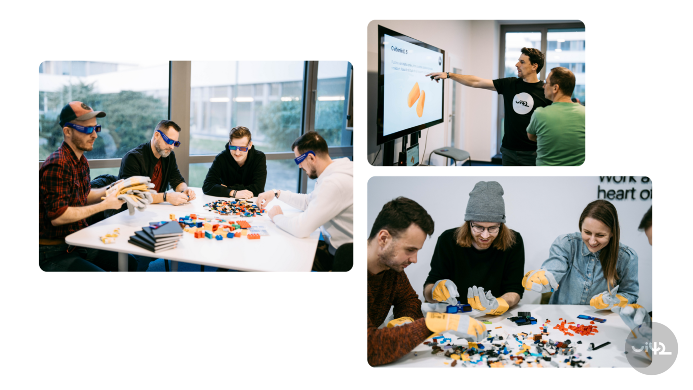 People at the workshop titled 'alphabet' playing with LEGO bricks and watching a presentation on the screen.