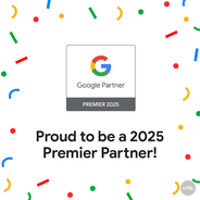 Image with the Google Partner Premier 2025 logo and the text 'Proud to be a 2025 Premier Partner!' with colorful confetti on a white background.