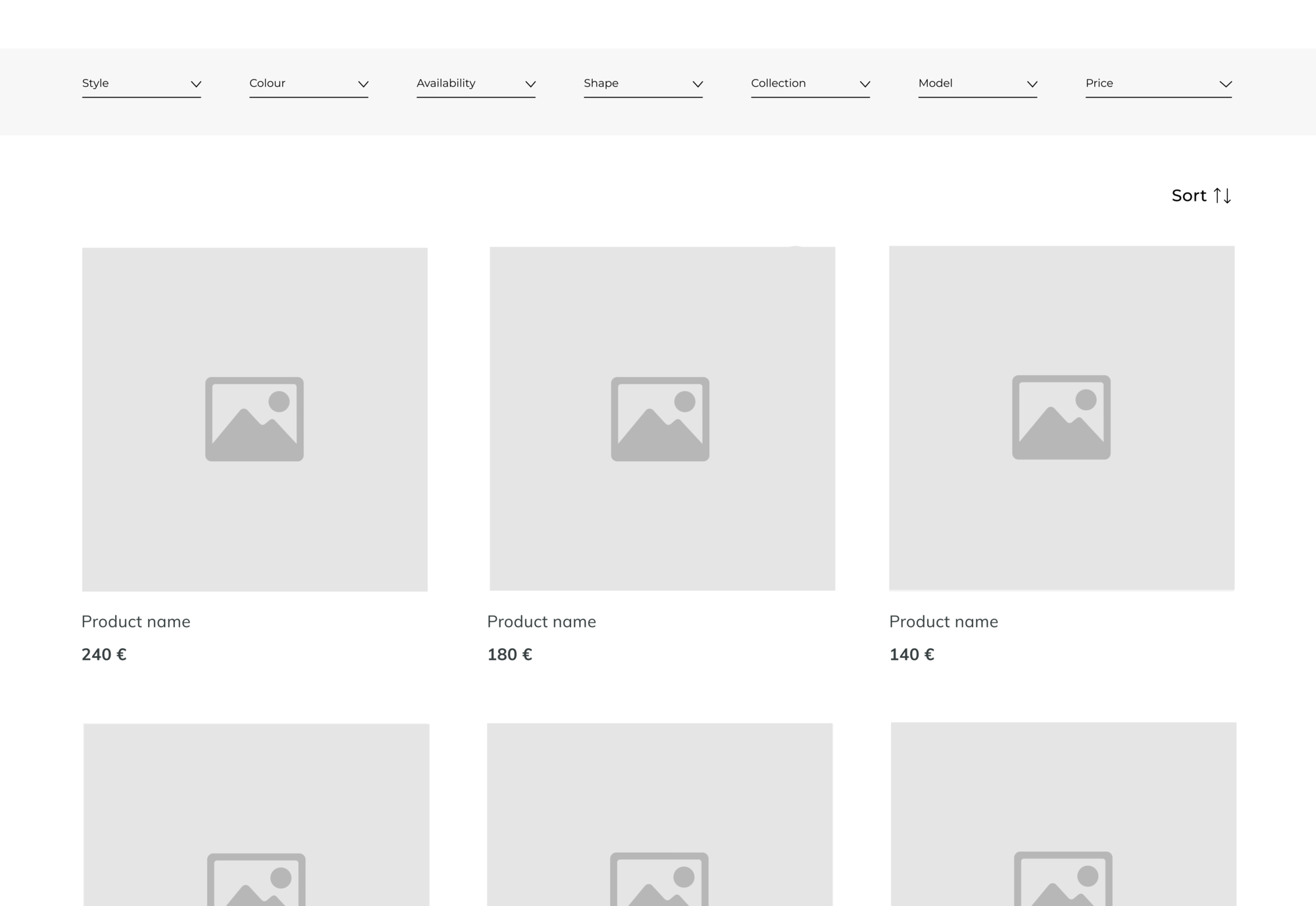 Sample interface of faceted search with filters and products