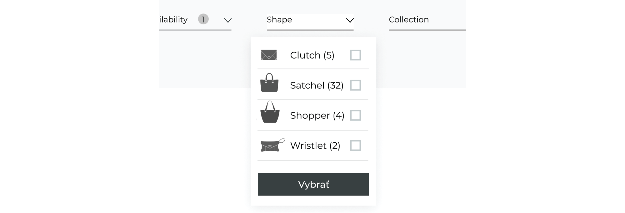 Example of faceted search with handbag shape options: Clutch, Satchel, Shopper, Wristlet, and a Select button.