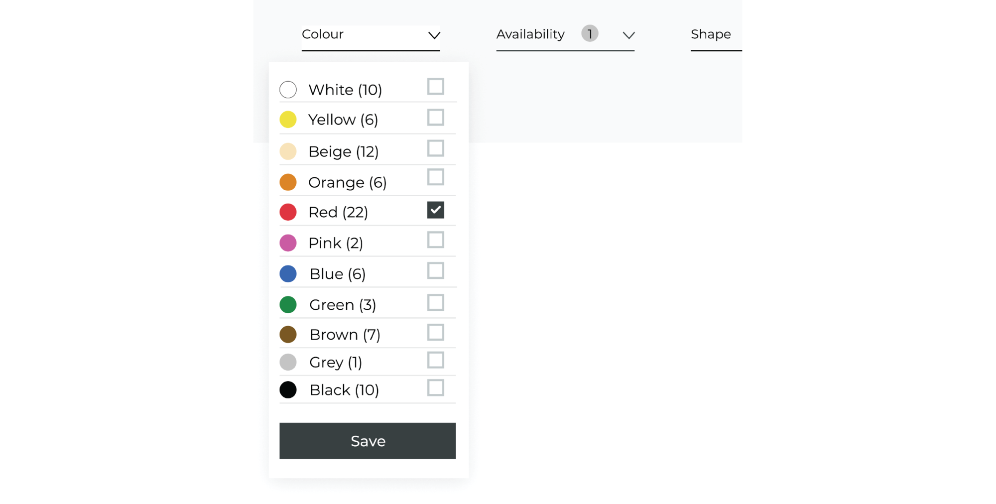 Faceted search with colors and availability