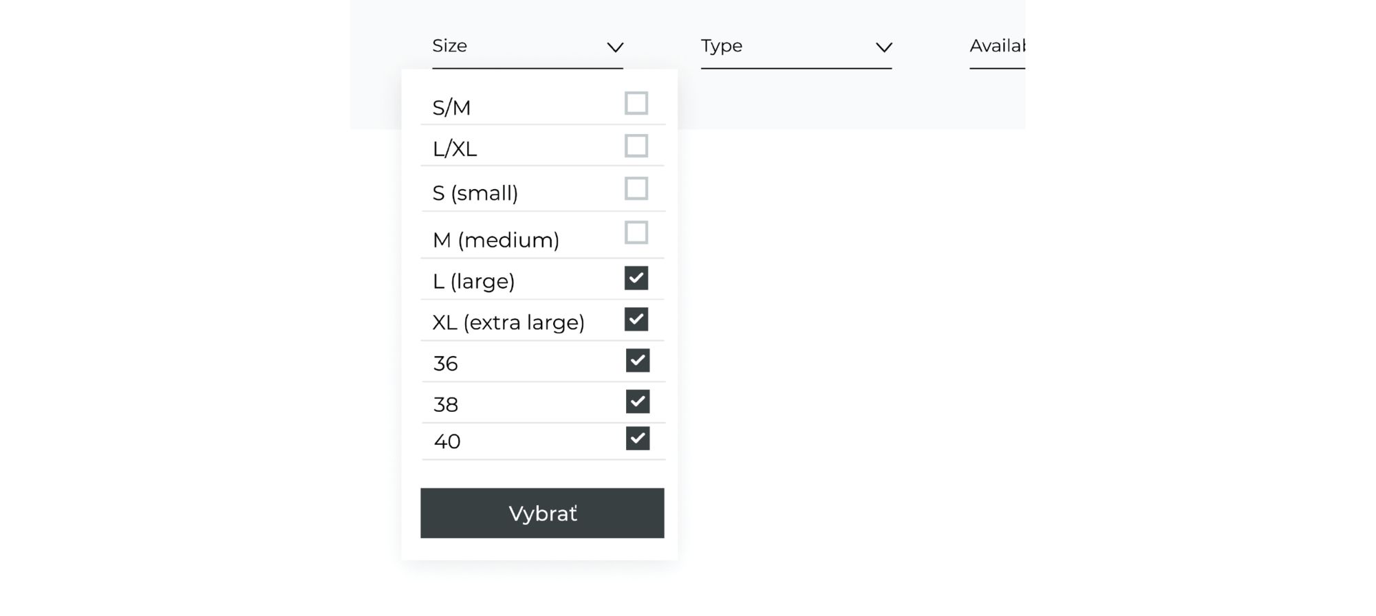 User interface for selecting clothing sizes with labeled options L, XL, 36, 38, and 40.